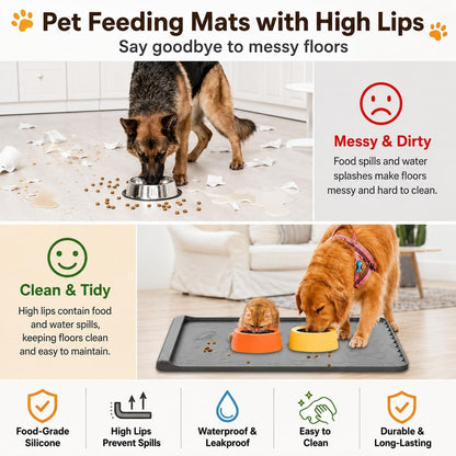 Dog Food Mat 36"X24" - Silicone Dog Mat for Food and Water Large Pet Feeding Mats with Residue Collection Pocket - Waterproof Dog Cat Bowl Mat with High Edges to Prevent Water Food Spills (Gray)