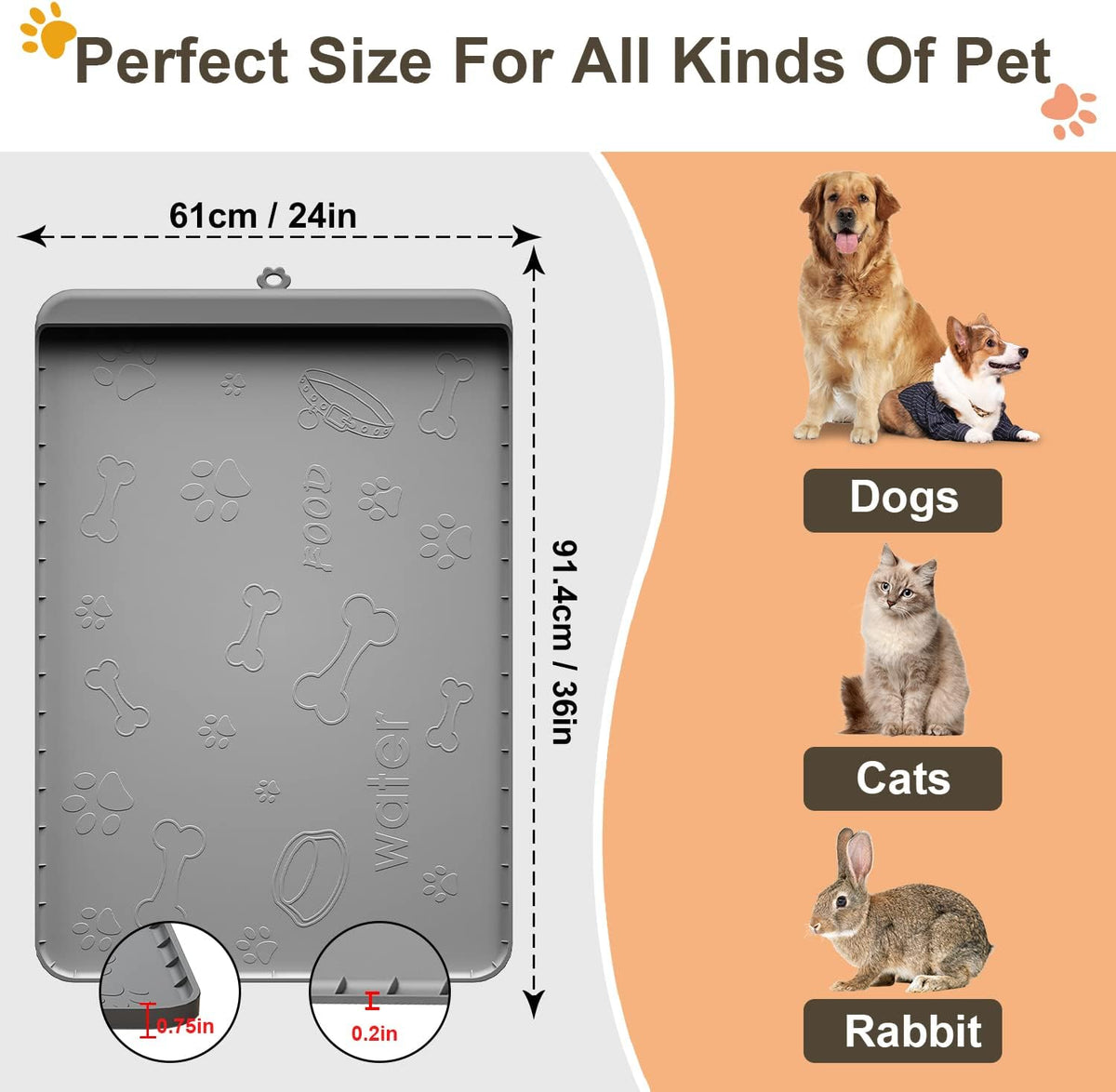 Dog Food Mat 36"X24" - Silicone Dog Mat for Food and Water Large Pet Feeding Mats with Residue Collection Pocket - Waterproof Dog Cat Bowl Mat with High Edges to Prevent Water Food Spills (Gray)