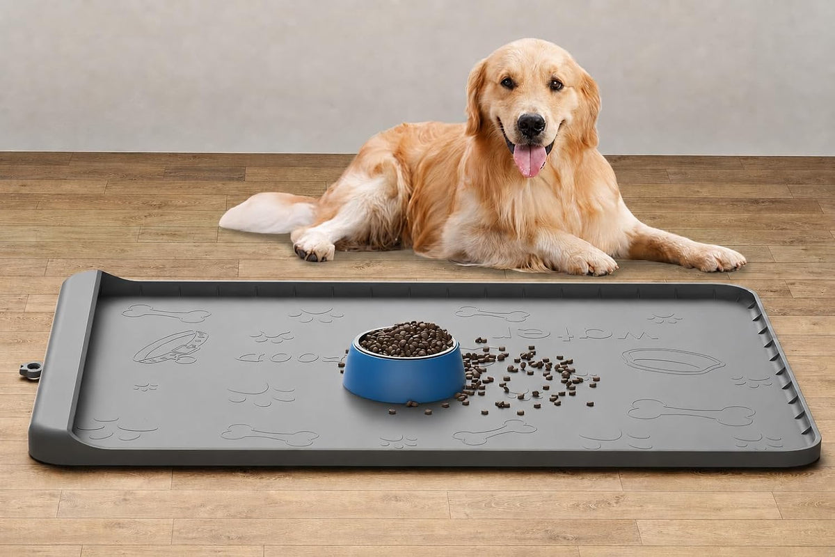 Dog Food Mat 36"X24" - Silicone Dog Mat for Food and Water Large Pet Feeding Mats with Residue Collection Pocket - Waterproof Dog Cat Bowl Mat with High Edges to Prevent Water Food Spills (Gray)