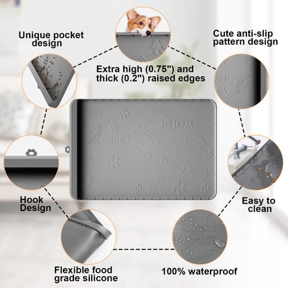 Dog Food Mat 36"X24" - Silicone Dog Mat for Food and Water Large Pet Feeding Mats with Residue Collection Pocket - Waterproof Dog Cat Bowl Mat with High Edges to Prevent Water Food Spills (Gray)